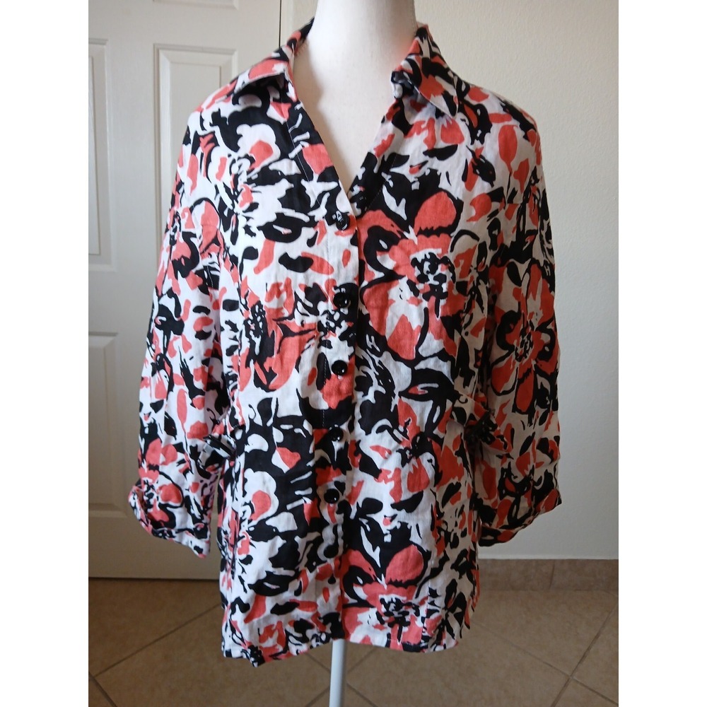 David Brooks Floral Linen Blouse XL Button Front Belted Casual Top - Picture 2 of 16